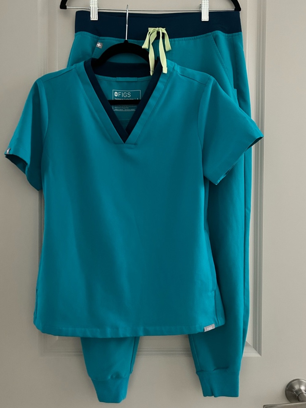 Figs Teal Scrub Set with Navy Trim and Lime Drawstring